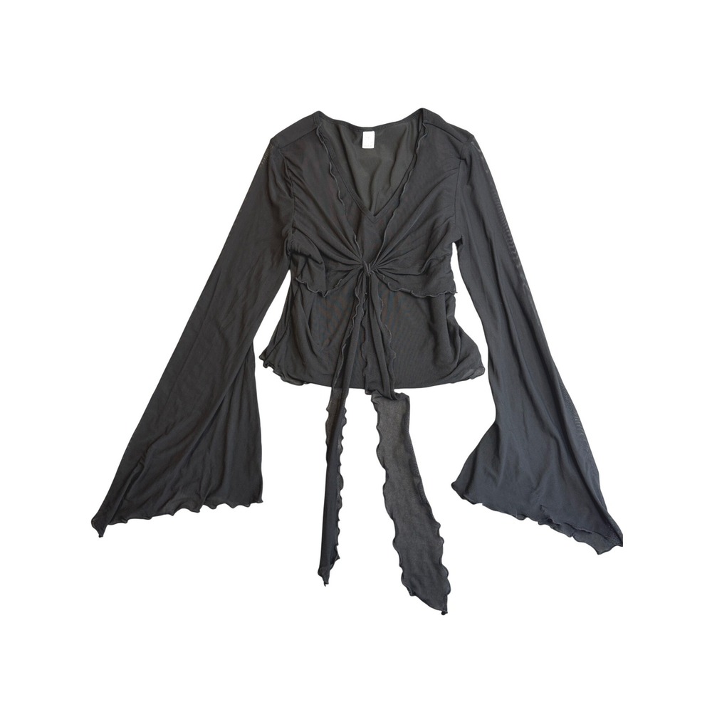 Vintage Y2K Fairy Grunge Goth Sheer Mesh Bell Sleeve Babydoll Top M Black Witchy